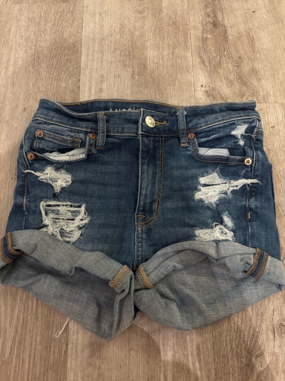 American Eagle Outfitters Distressed Dark Blue Rolled Hem Jean Shorts